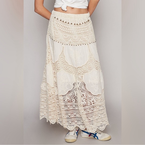 POL Dresses & Skirts - POL Cream Crochet Knit Metallic Beaded Elastic Waist Maxi Skirt